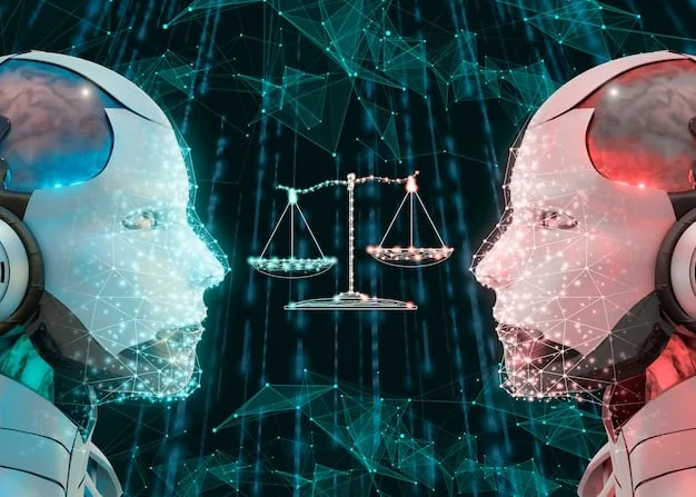 An image showing scales of justice with AI algorithms on one side and diverse human faces on the other, highlighting the importance of fairness and impartiality in AI systems.