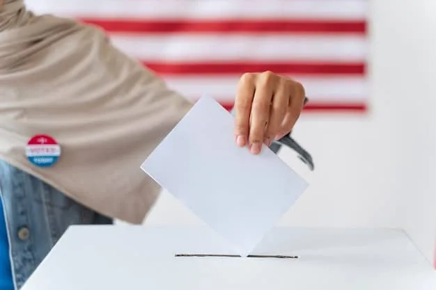 A close-up of a hand casting a ballot into a voting box. The ballot is blurred, but the person's hand is clear and shows a determined expression. The background is a mix of diverse faces, subtly symbolizing the electorate.