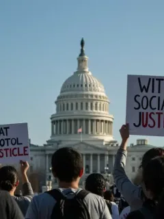 Activists marching for social justice with the US Capitol in the background, symbolizing federal policy changes.