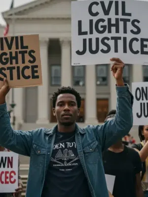 Diverse group advocating for civil rights, justice, and equality in front of a courthouse.