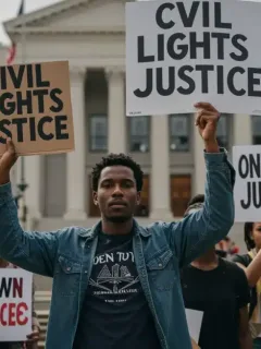 Diverse group advocating for civil rights, justice, and equality in front of a courthouse.
