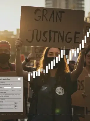 Activists with signs and financial charts, symbolizing funding for social justice