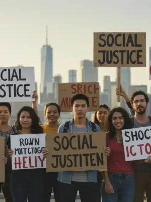 Diverse activists united for social justice, holding signs, symbolizing effective coalition building.