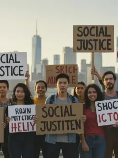 Diverse activists united for social justice, holding signs, symbolizing effective coalition building.