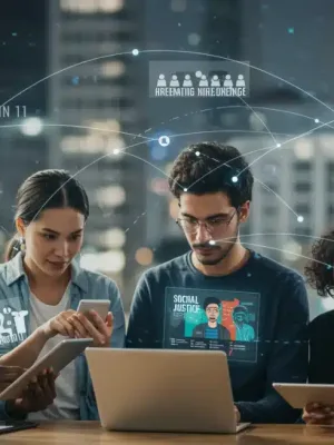 Digital activism connecting diverse people for social justice, showcasing online engagement