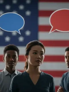 Diverse individuals respectfully discussing social norms and public discourse in America.