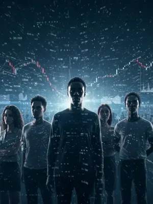 Diverse people symbolizing social justice, facing digital disinformation and economic disparity threats.