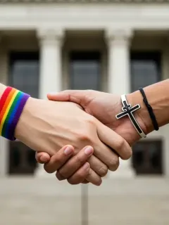 Intertwined hands symbolizing religious freedom and LGBTQ+ rights, representing the complex legal and social battlegrounds.