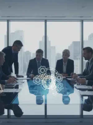 Diverse executives discussing ethical oversight in a modern boardroom setting.