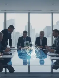 Diverse executives discussing ethical oversight in a modern boardroom setting.