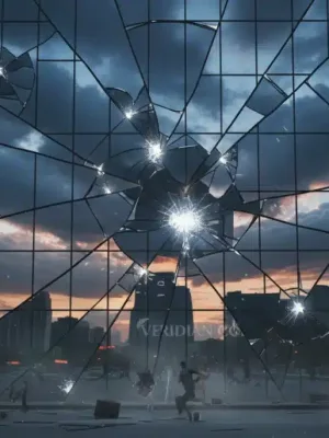 Shattered glass facade reflecting storm clouds, symbolizing corporate crisis