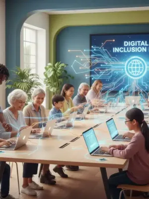 Diverse community engaging with technology, symbolizing equitable digital access