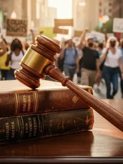 Gavel on law books with justice march background, symbolizing criminal justice reform.
