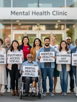 Diverse group advocating for mental health access equity