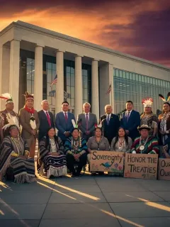 Indigenous leaders advocating for rights in front of US Capitol, symbolizing 2026 legislative efforts.