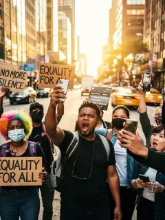 Activists using smartphones during a social justice protest, engaging with social media platforms.