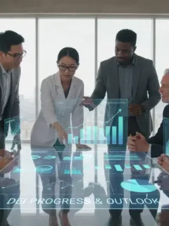 Professionals analyzing DEI programs effectiveness report in corporate setting.