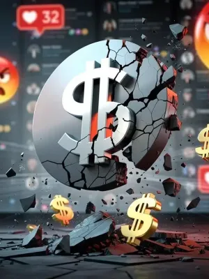 Brand logo crumbling under the weight of social media backlash, illustrating cancel culture's economic toll.