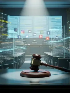Digital courtroom illustrating online speech legal battles in 2026