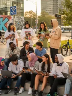 Diverse Gen Z individuals interacting, symbolizing rapid societal change and digital connectivity.