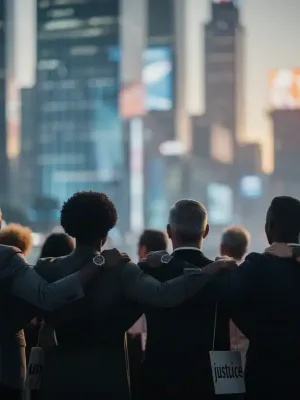 Diverse group looking towards a future city, symbolizing the evolving landscape of identity politics in America.