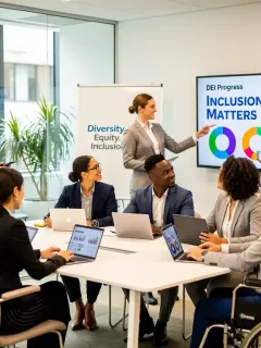 Diverse professionals collaborating in an inclusive corporate environment, symbolizing effective DEI strategies.