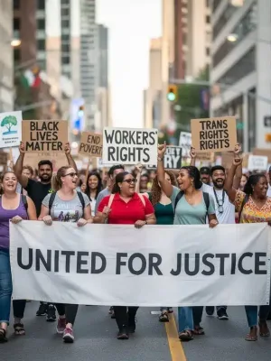 Diverse activists marching with signs, symbolizing various activism models and social justice movements.