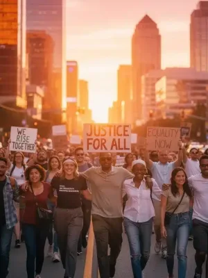 Diverse activists marching for social justice, holding signs, symbolizing sustained movement.