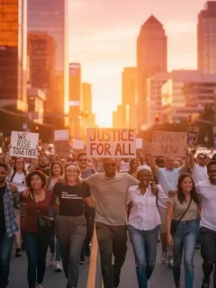 Diverse activists marching for social justice, holding signs, symbolizing sustained movement.