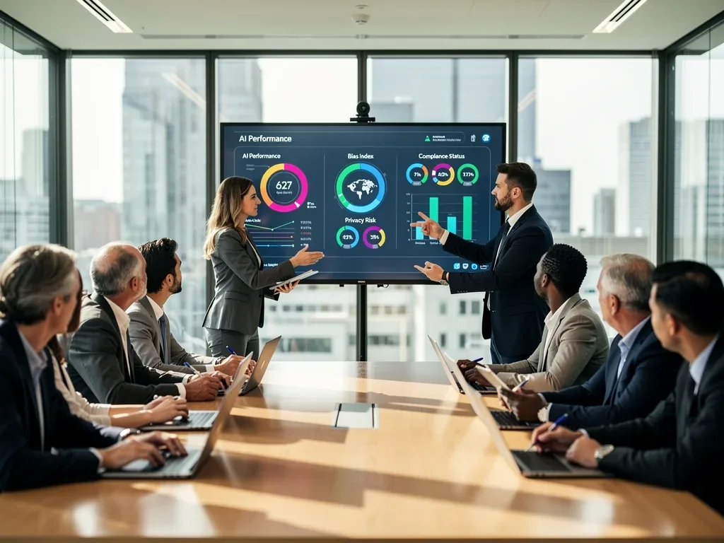 Diverse team collaborating on AI ethical compliance dashboard