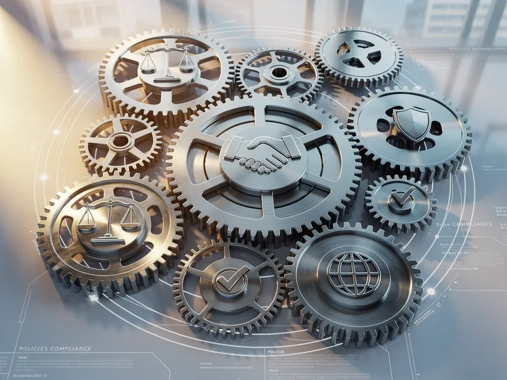 Interconnected gears symbolizing integrated ethical governance frameworks