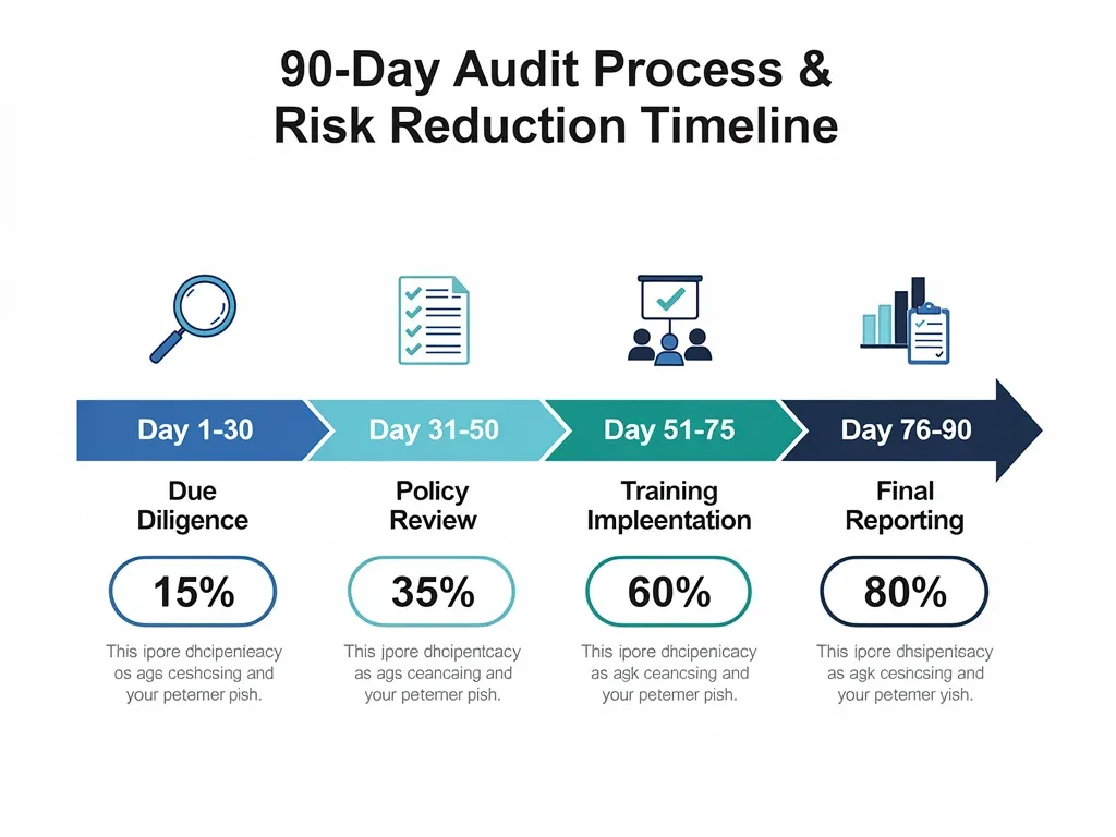 Infographic showing a 90-day anti-bribery audit timeline with key milestones.