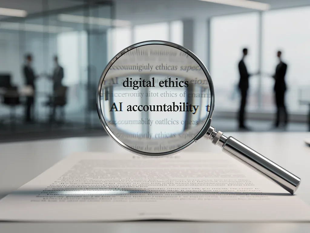 Magnifying glass examining digital ethics and AI accountability in policy document