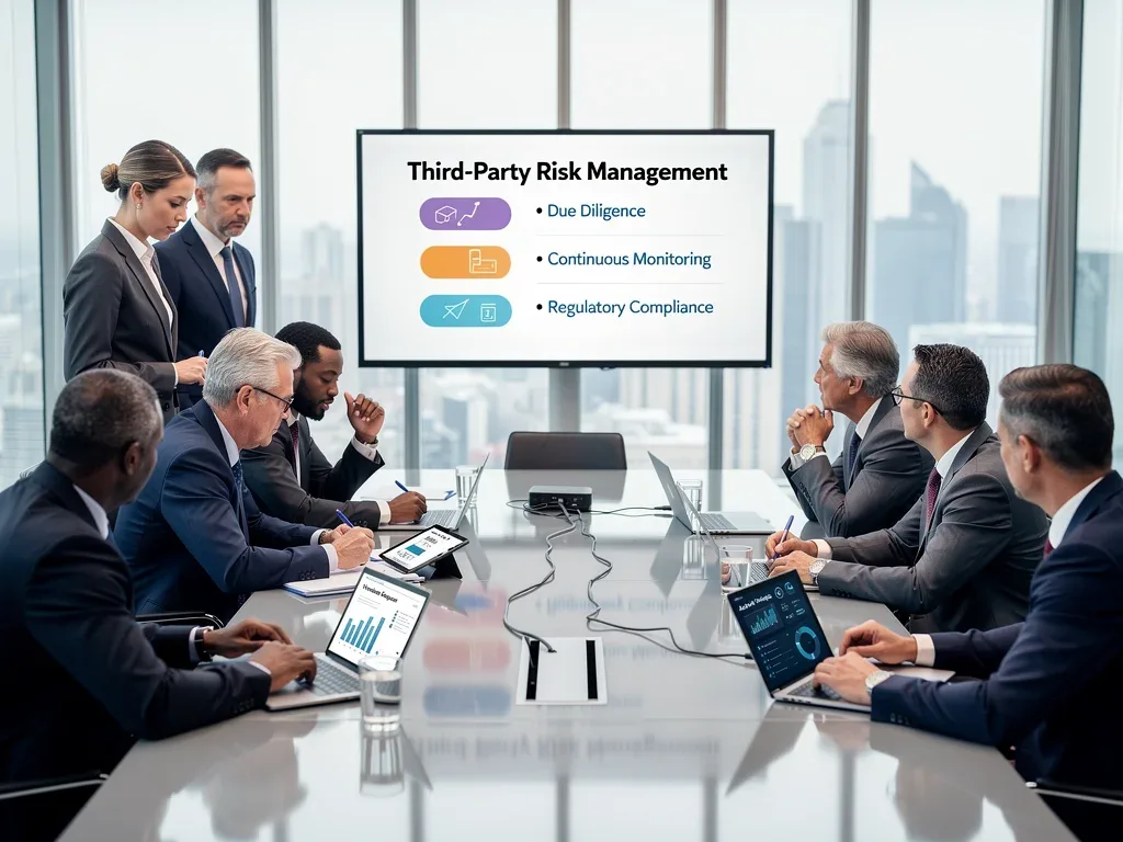Business leaders reviewing compliance reports, discussing third-party vendor risk management.