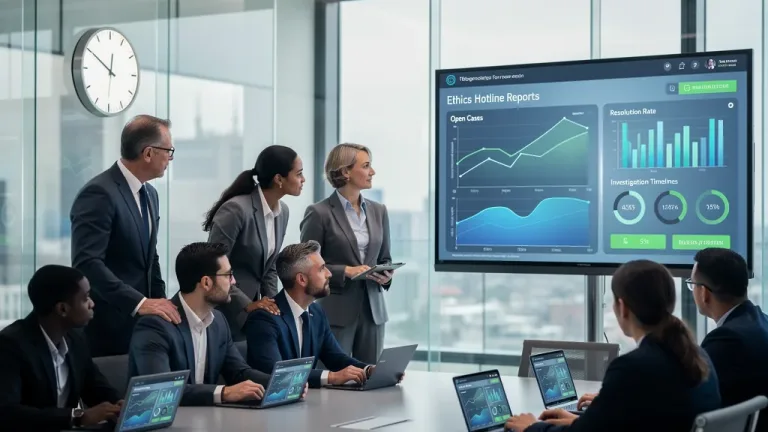 Professionals analyzing ethics hotline investigation data on a dashboard
