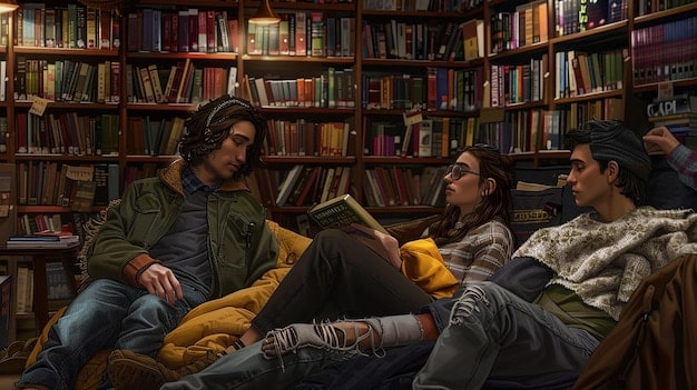 Students in a library, surrounded by books but looking puzzled and questioning, as if they realize there are missing pieces in the historical narrative.
