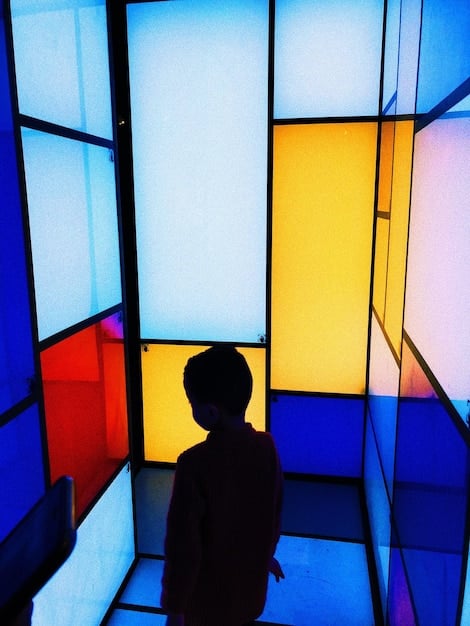 A conceptual image showing a person's silhouette surrounded by screens displaying polarized political content. The person appears overwhelmed and stressed, with hands covering their ears. The screens are brightly lit, contrasting with the dark silhouette, indicating the intrusive nature of algorithmic polarization.