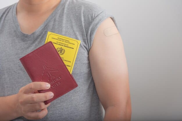A close-up shot of an American passport next to a vaccination card and a syringe, symbolizing the intersection of personal travel and vaccine requirements.