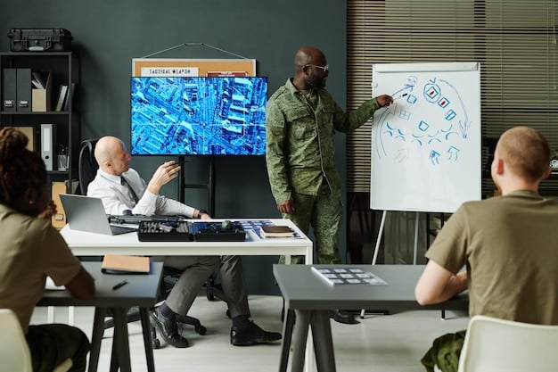 Officers participating in a de-escalation training exercise, with an instructor demonstrating techniques. The setting is a training facility with simulated scenarios.