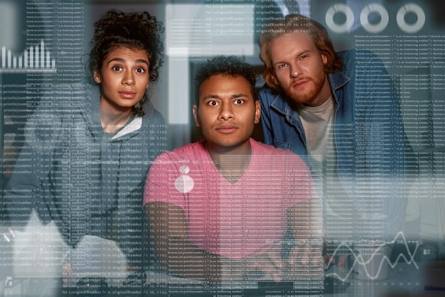 An image depicting a diverse group of people standing in front of a large computer screen displaying complex algorithms. The screen also shows distorted faces, symbolizing bias in data and algorithms.