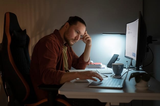 A stressed employee sitting at a desk late at night, working on two laptops simultaneously. One laptop displays corporate work, while the other shows a personal business venture. The scene is dimly lit, creating a sense of overwhelm and conflict.