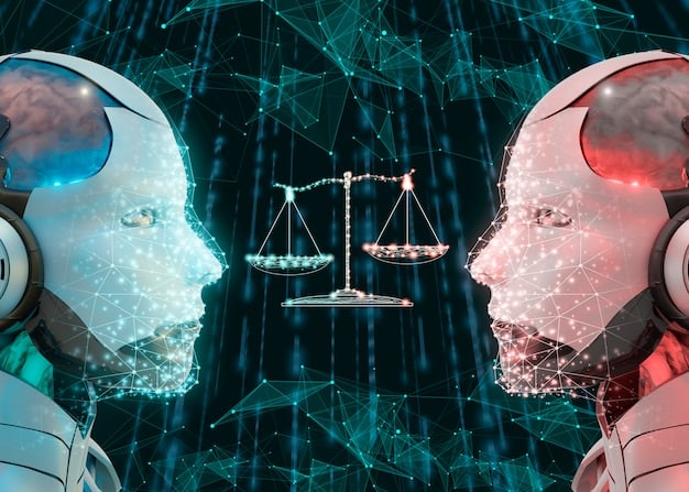 An image showing scales of justice with AI algorithms on one side and diverse human faces on the other, highlighting the importance of fairness and impartiality in AI systems.