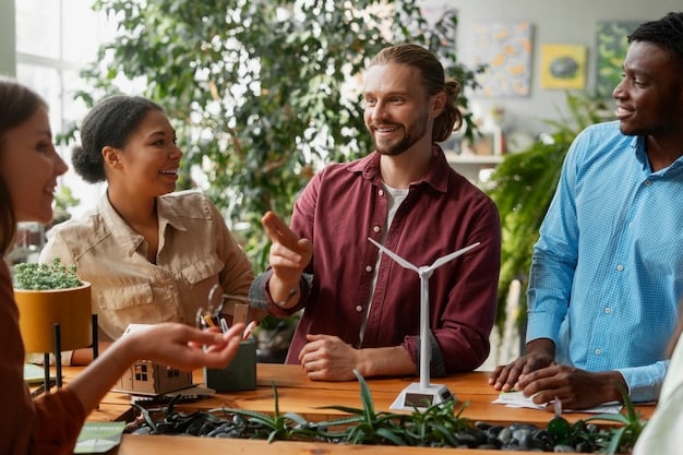 A diverse group of employees collaborating in a modern, eco-friendly office space, showcasing sustainability and employee engagement in a corporate setting.