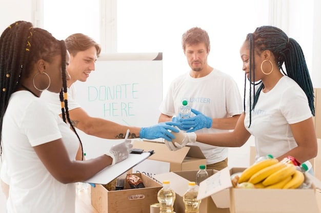 A group of volunteers sorting donations at a community center. Boxes are labeled with essential supplies and food items. The atmosphere is busy but organized, reflecting the impact of community-based initiatives.