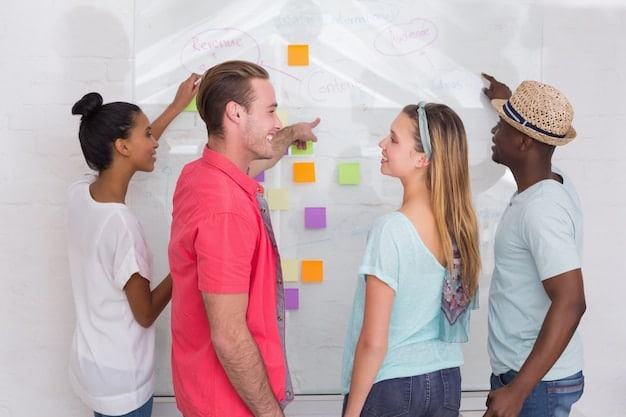 A workshop in progress with activists collaborating and brainstorming ideas using sticky notes on a whiteboard. The atmosphere is energetic and collaborative.