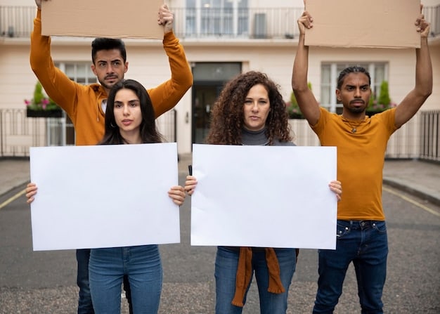 A diverse group of people holding signs and protesting in front of a courthouse, advocating for fair voting rights and equal access to the ballot box.