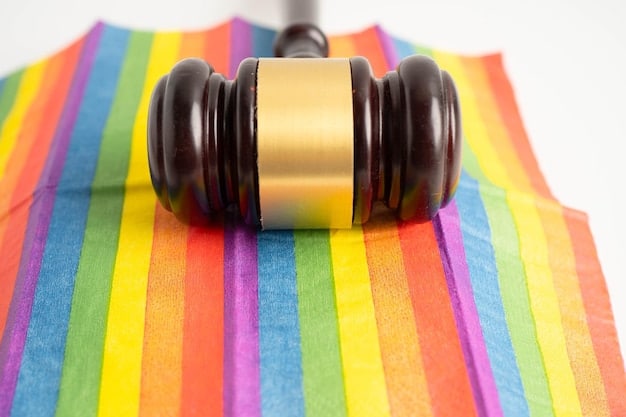 A gavel resting on a stack of law books, symbolizing the legal battles and court decisions that shape LGBTQ+ rights. The background is blurred, focusing on the gavel and books.