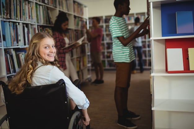 A classroom with diverse students, including a student using a wheelchair and another with a visual impairment, all participating actively in a lesson. The teacher is providing individualized support, demonstrating inclusive education practices.