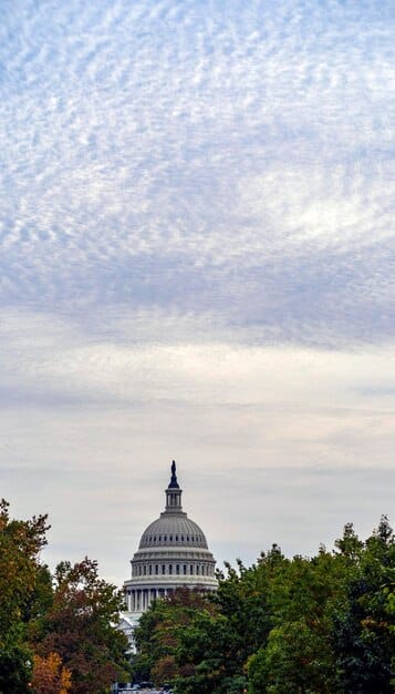 A photograph of the US Capitol building with a filter applied to emphasize the importance of legislative decisions. The sky is overcast, creating a serious and contemplative mood.