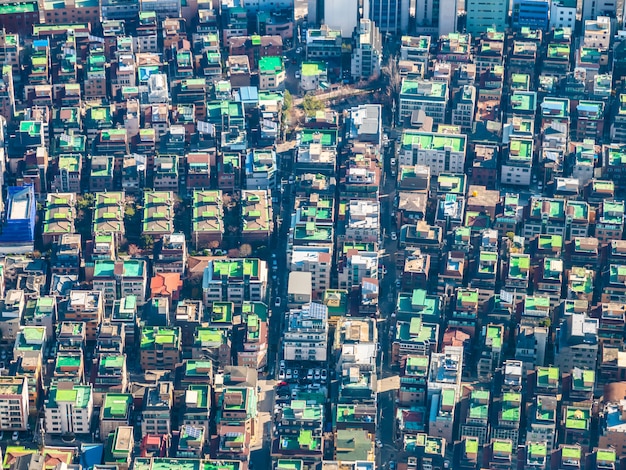 A bird's-eye view of a city skyline, with a deliberate focus on both modern skyscrapers and older, less developed neighborhoods, representing economic disparities within urban areas.